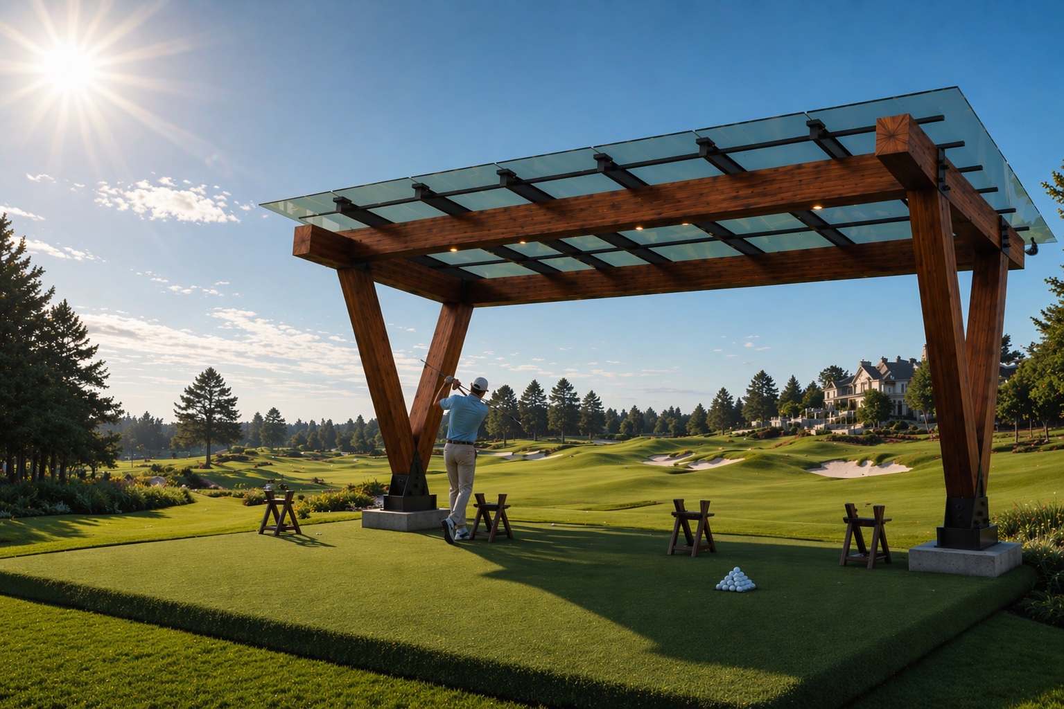 TimberShield TS-12 golf practice cover with golfer mid-swing at golden hour