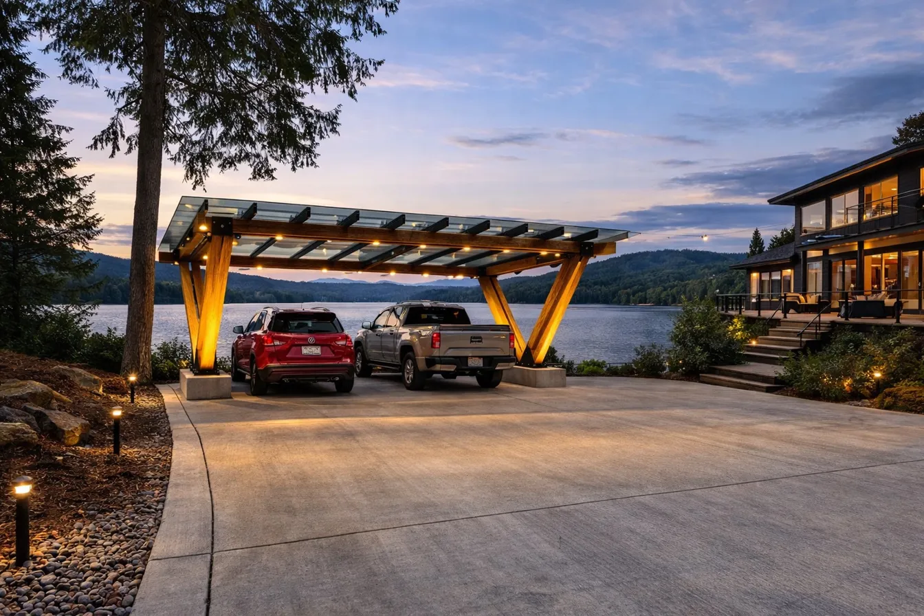TimberShield residential canopy at waterfront lakefront estate at dusk